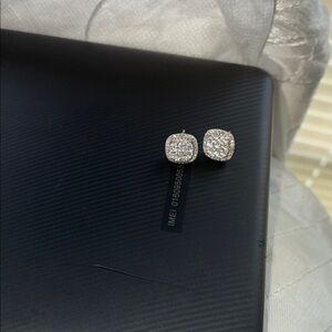 Silver Cubic Zirconia Cushion Halo Stud Earrings - Silver